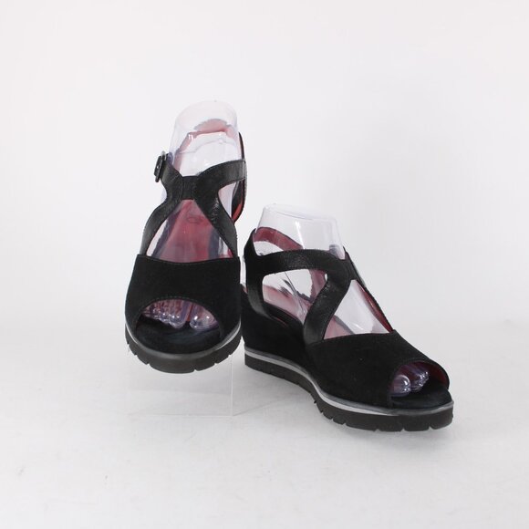 Pas De Rouge Wedge Heels Camoscio Dover Sz 39 Black Suede Leather 2.5" Heel - Picture 3 of 14
